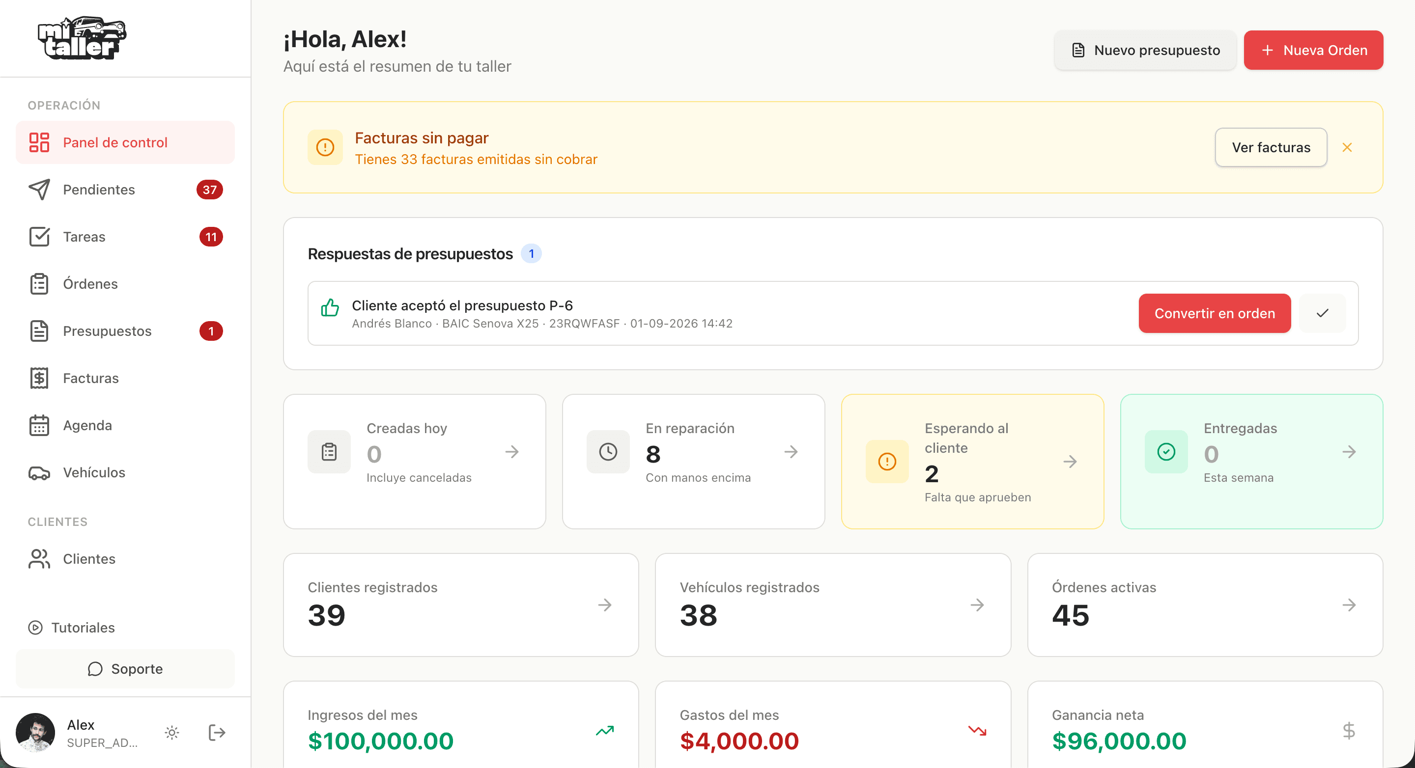 Screenshot of the Mi Taller workshop management app