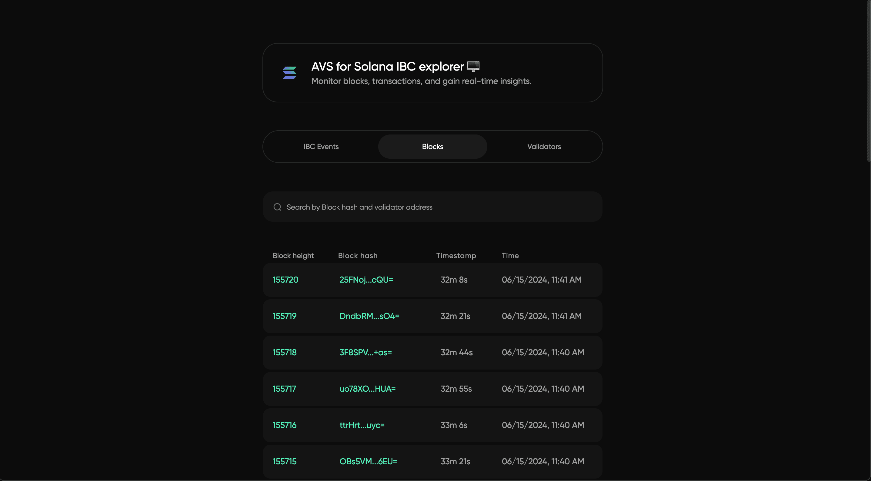 Screenshot of the Solana IBC Explorer dashboard